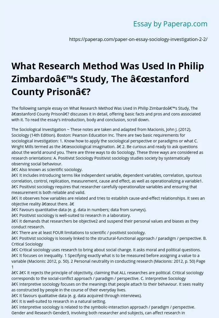 What Research Method Was Used In Philip Zimbardo’s Study, The “stanford County Prison”?
