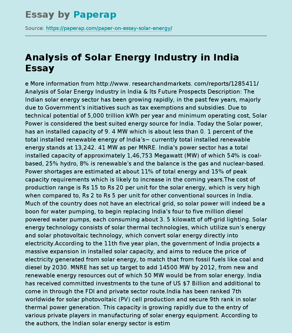 Analysis of Solar Energy Industry in India