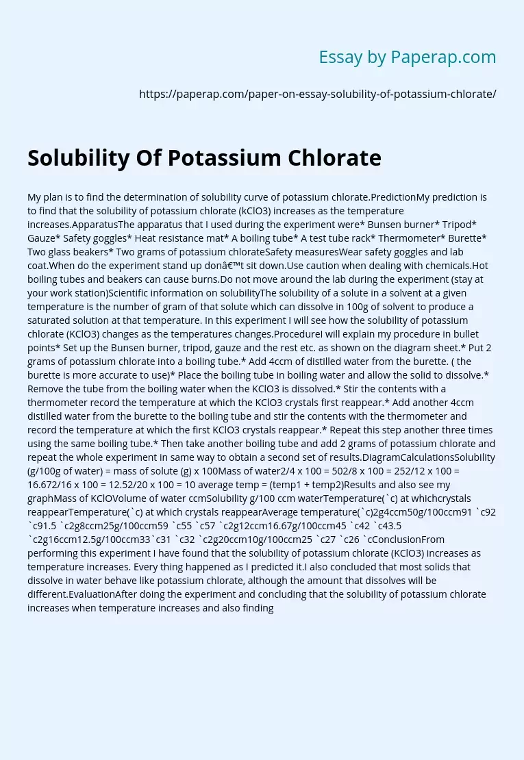 Solubility Of Potassium Chlorate
