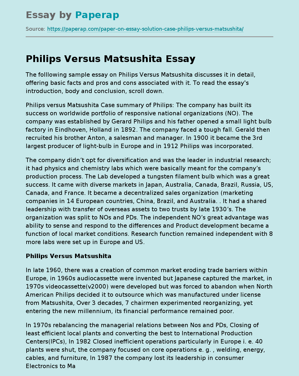 Sample Essay on Philips Versus Matsushita