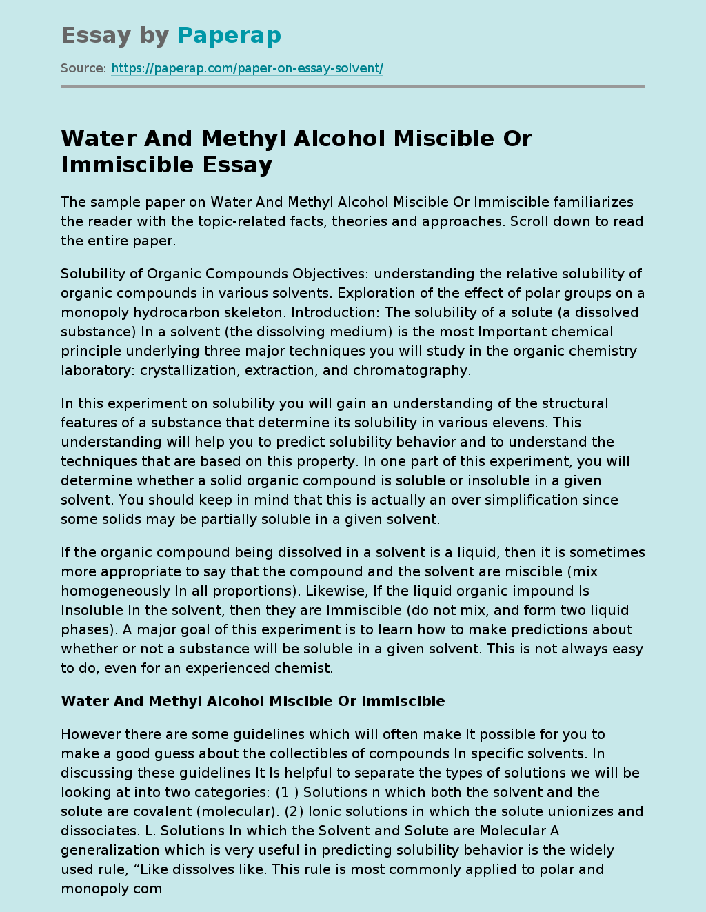 Water And Methyl Alcohol Miscible Or Immiscible