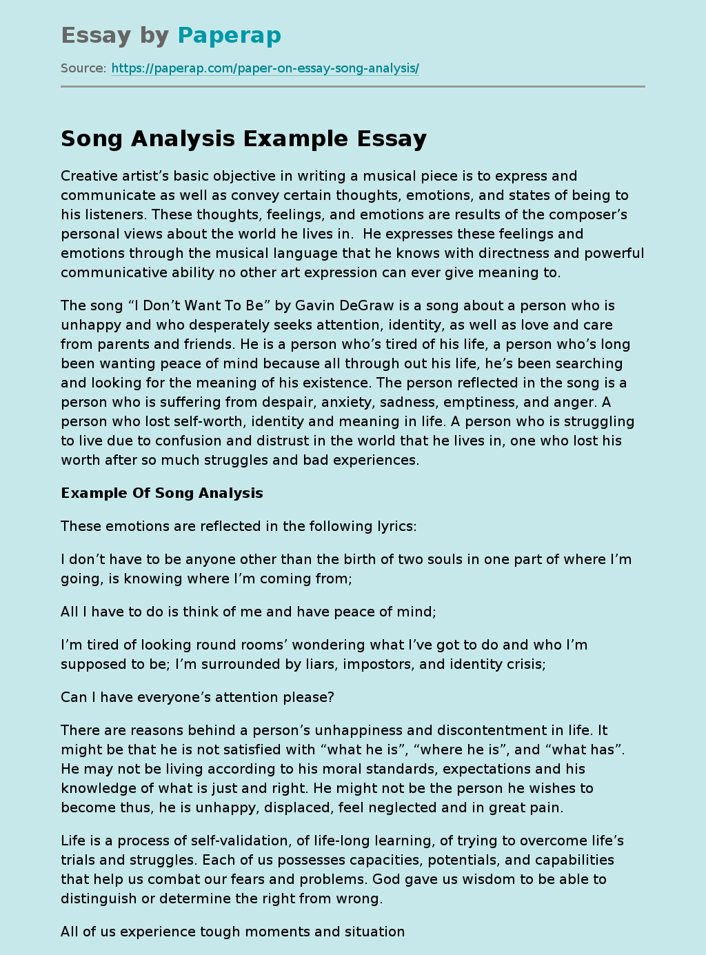 Song Analysis Example Free Essay Example