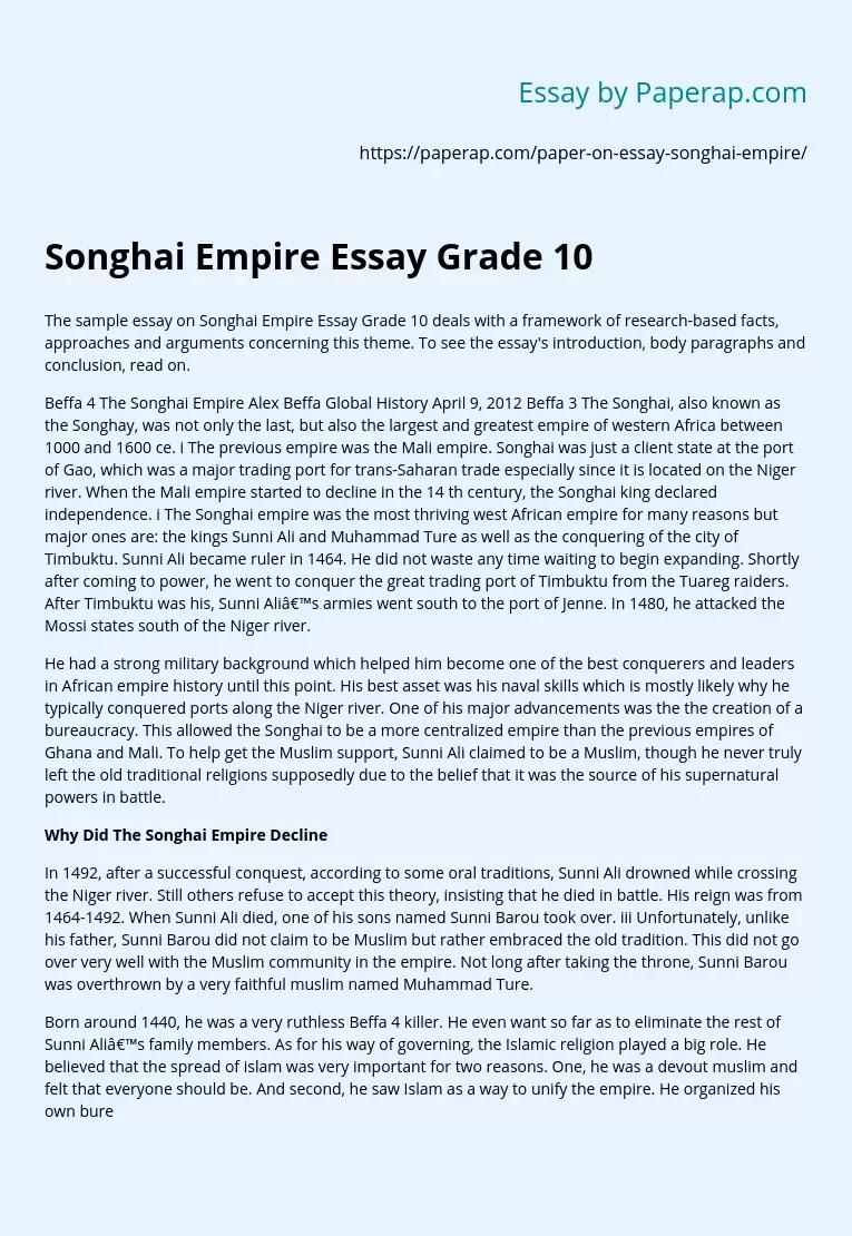 Songhai Empire Essay Grade 10