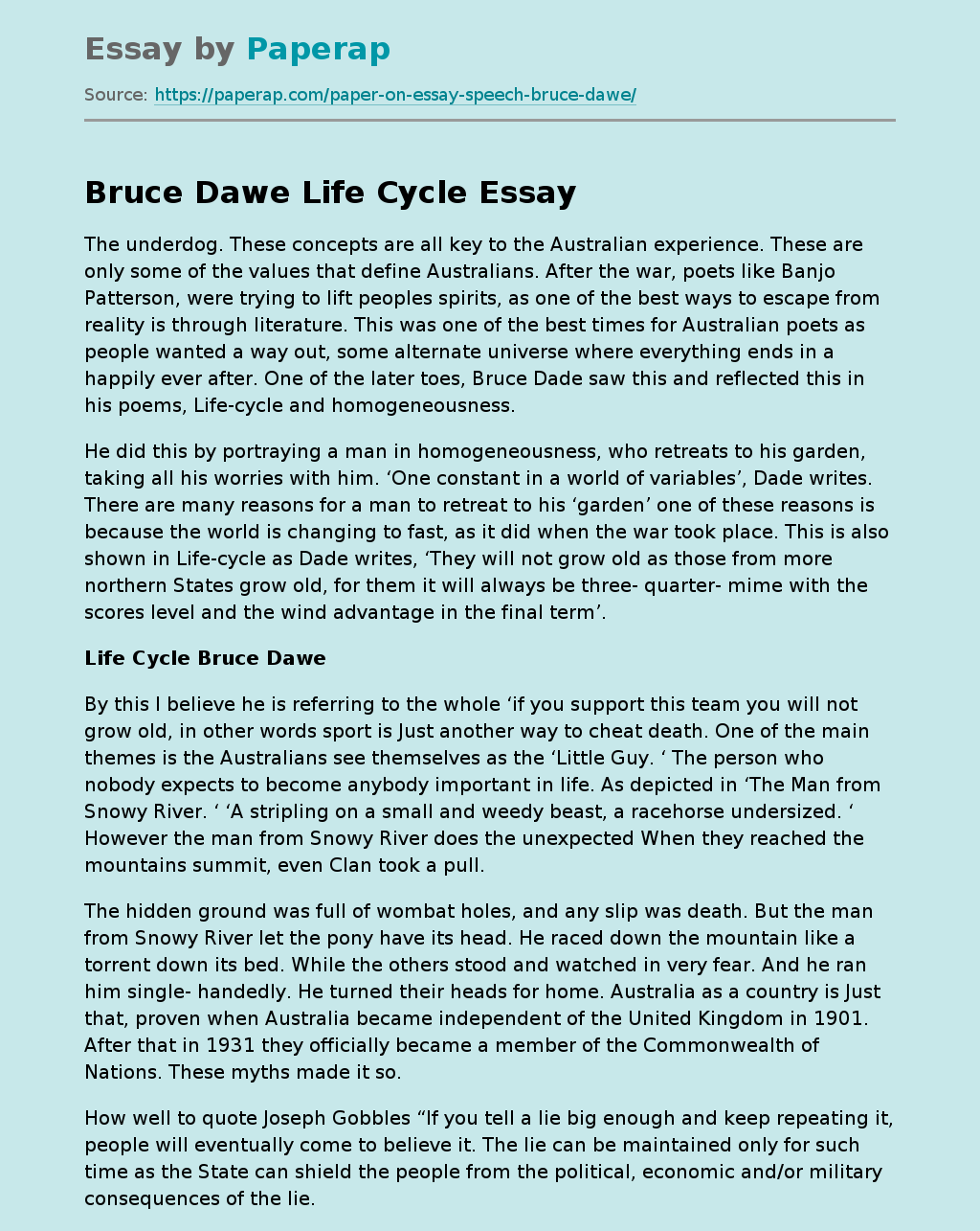 Bruce Dawe Life Cycle