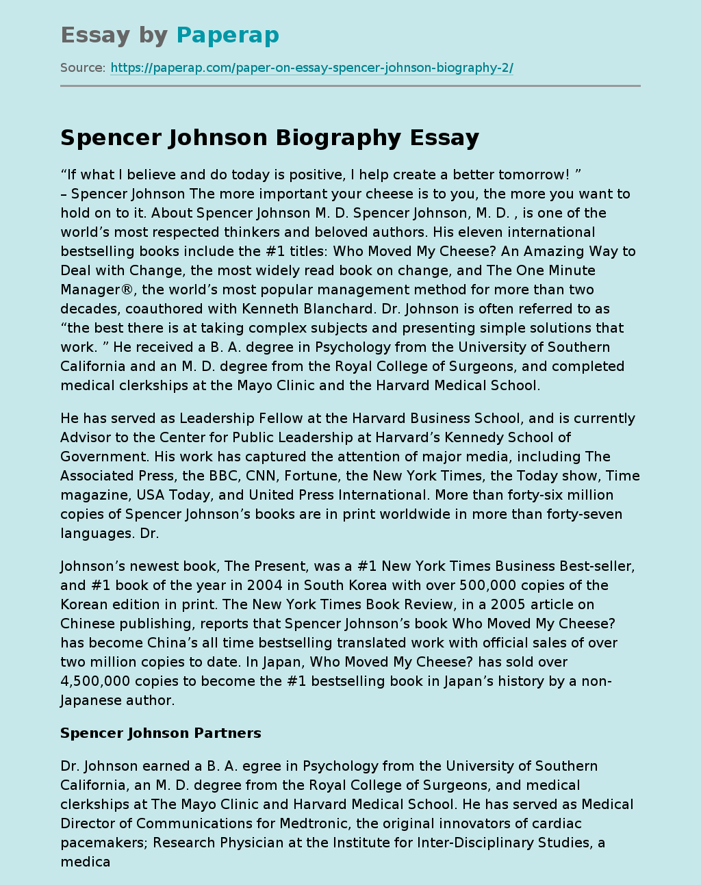 Spencer Johnson Biography Partners