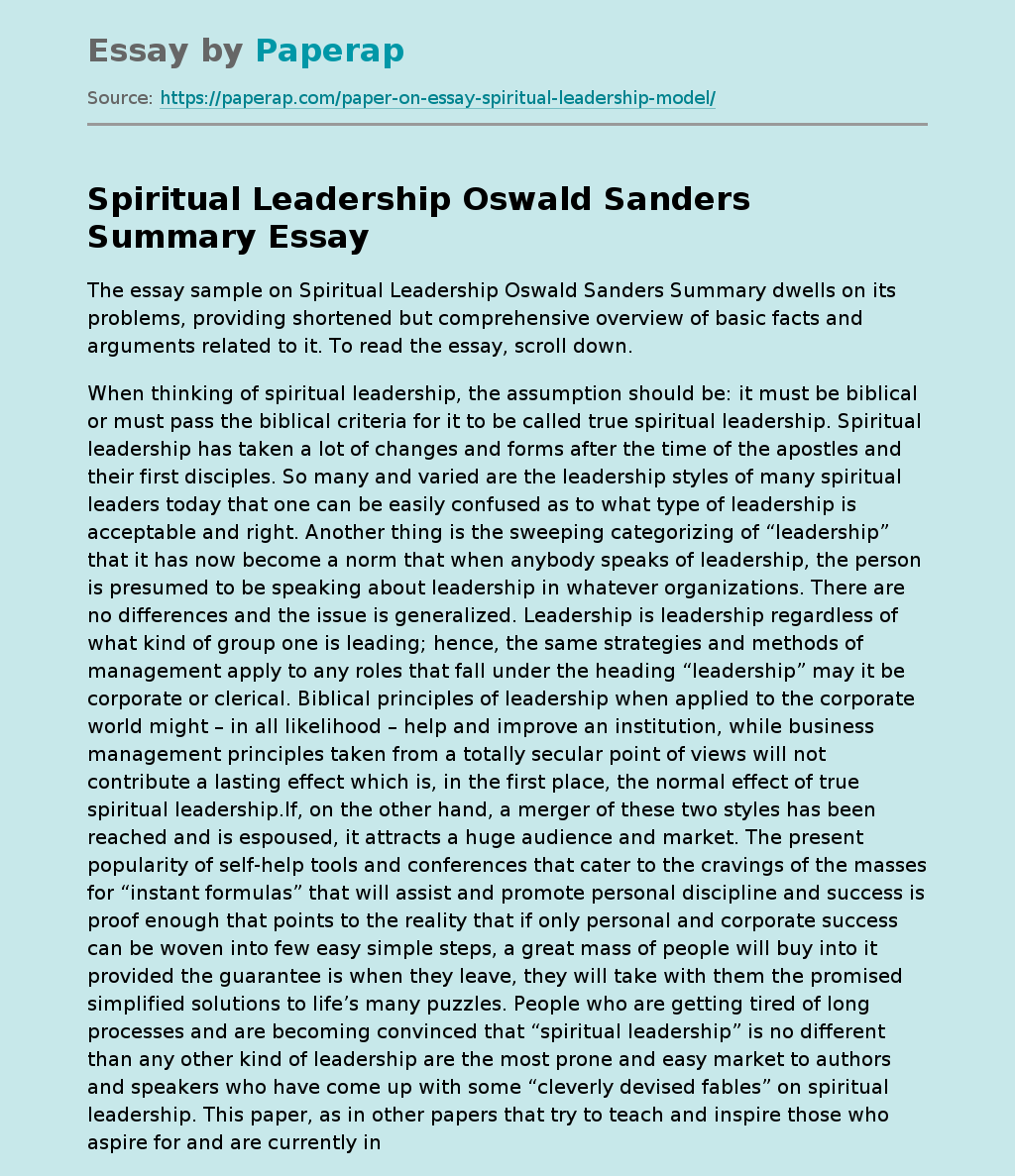 Spiritual Leadership Oswald Sanders Summary