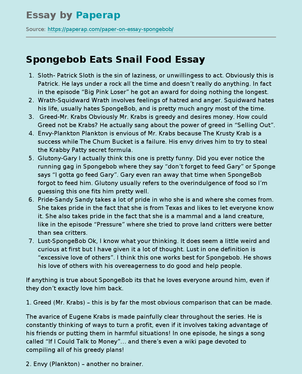 Spongebob Eats Snail Food Free Essay Example
