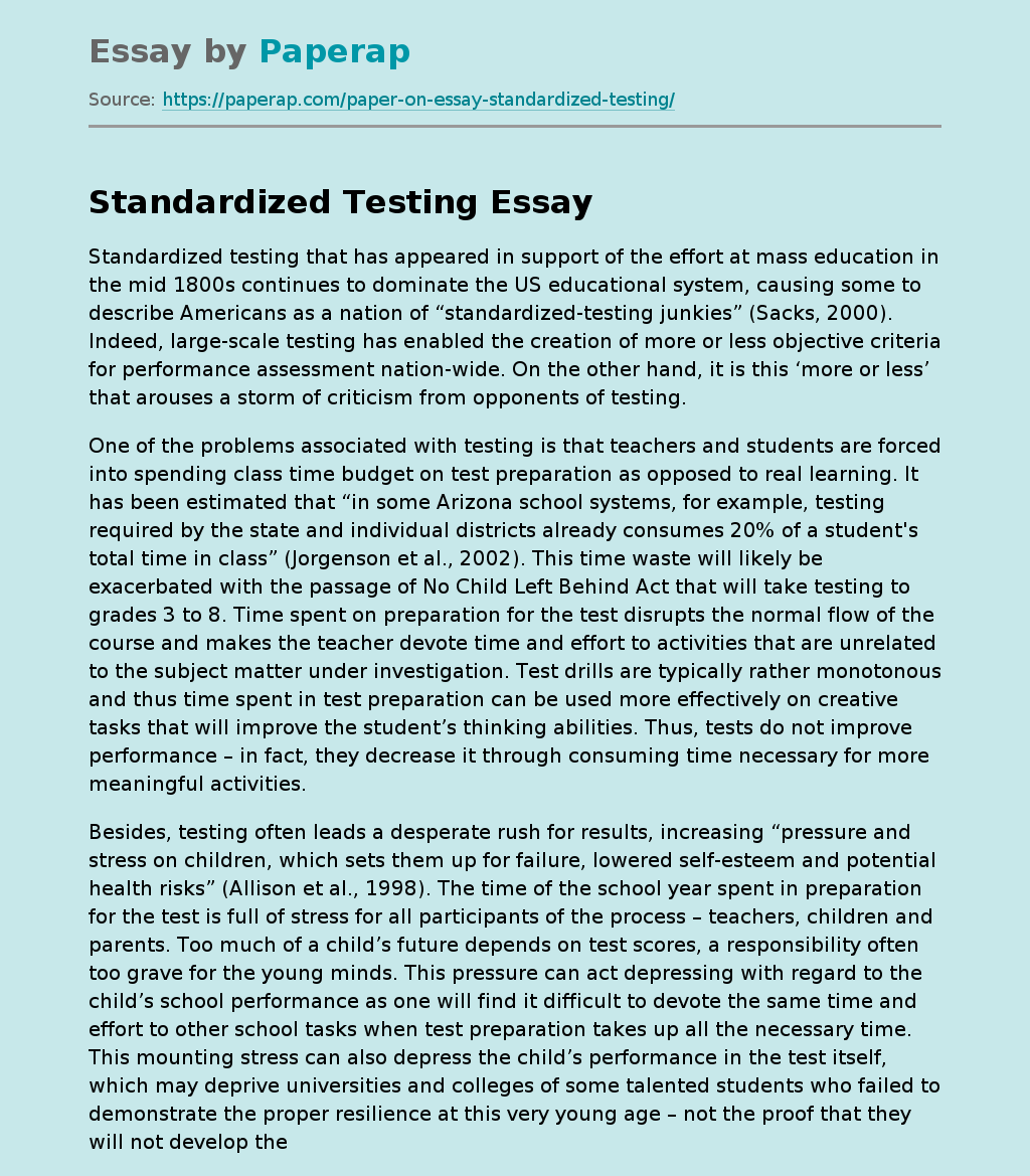 essay on standardized testing