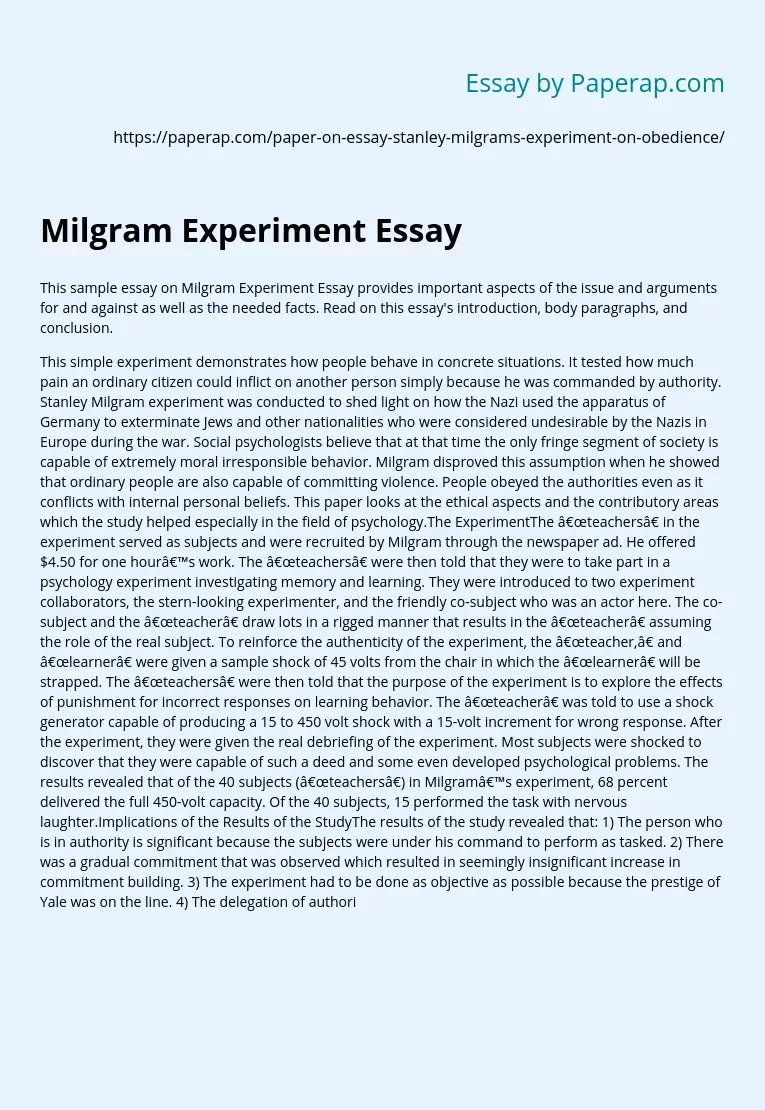 Sample Essay on Milgram Experiment Essay