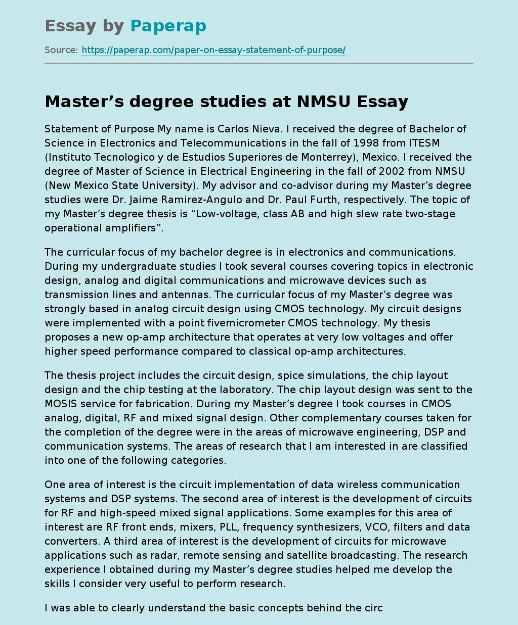 Master’s Degree Studies at NMSU