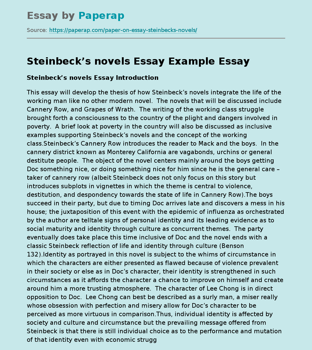 Steinbeck’s novels Essay Example