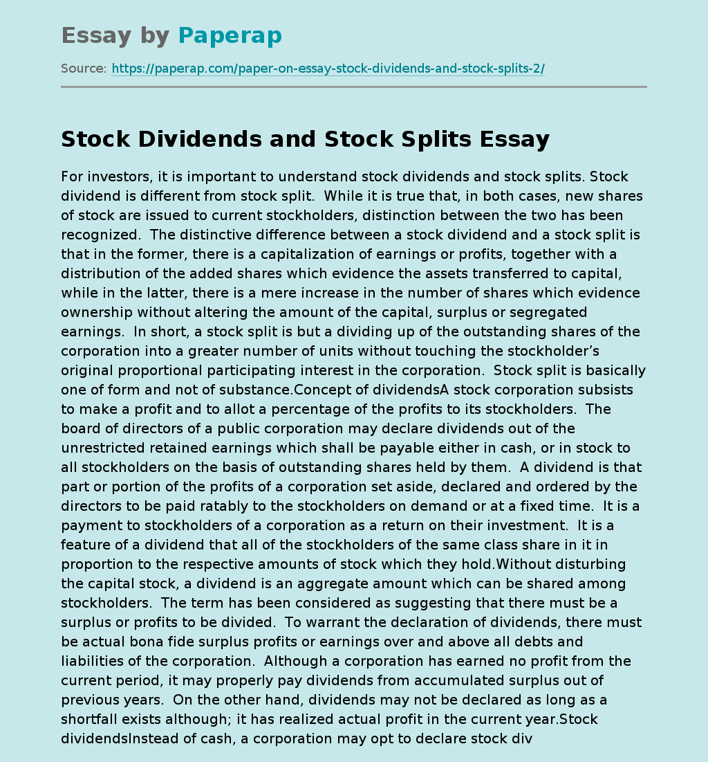 Stock Dividends and Stock Splits