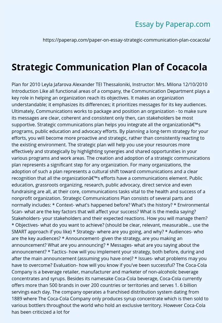 Strategic Communication Plan of Cocacola