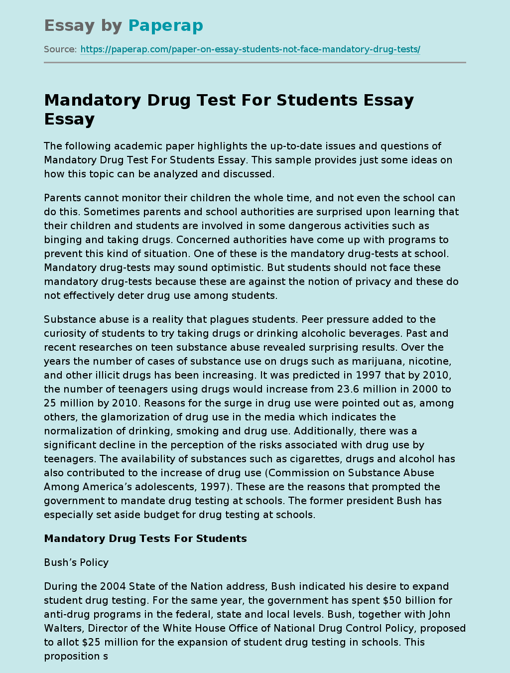 Mandatory Drug Test For Students Essay