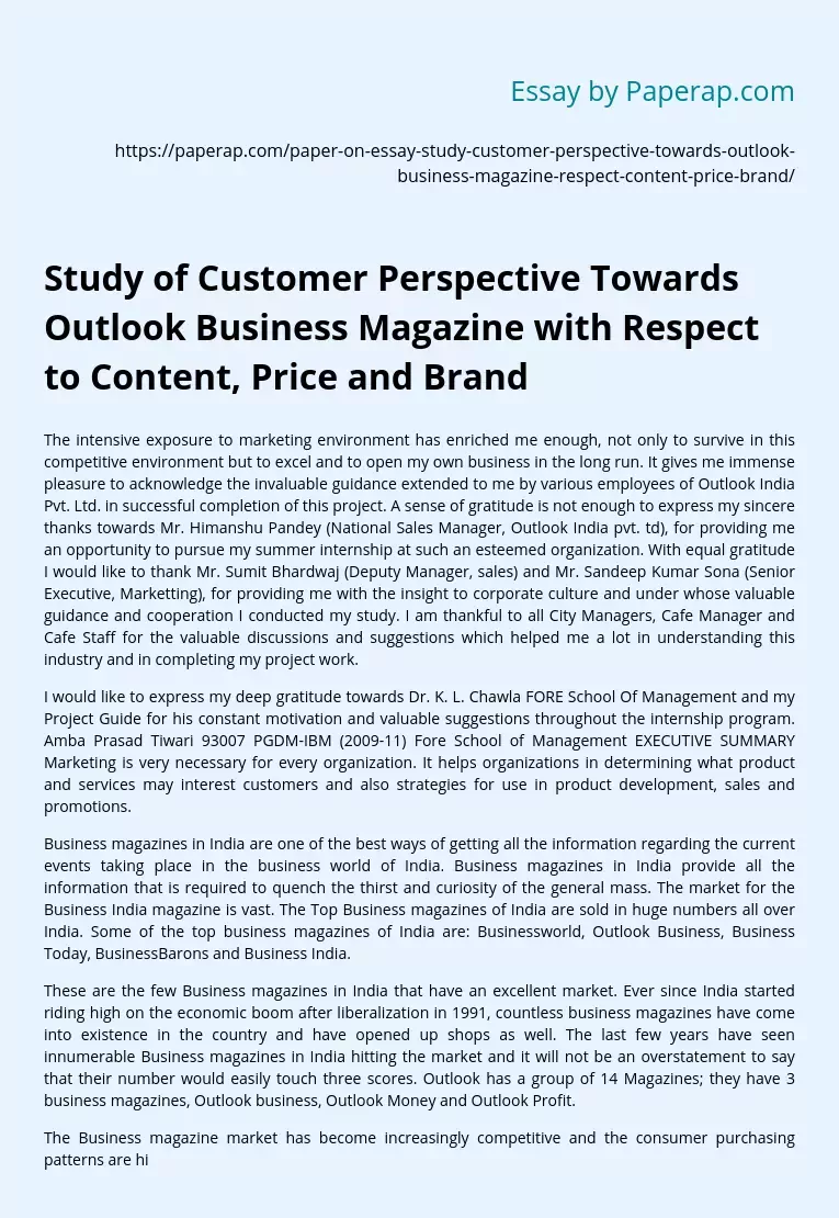 Study of Customer Perspective Towards Outlook Business Magazine with Respect to Content Price and Brand