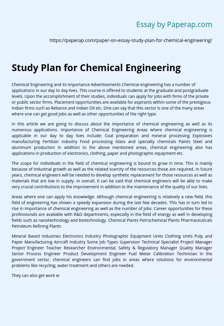 Study Plan for Chemical Engineering