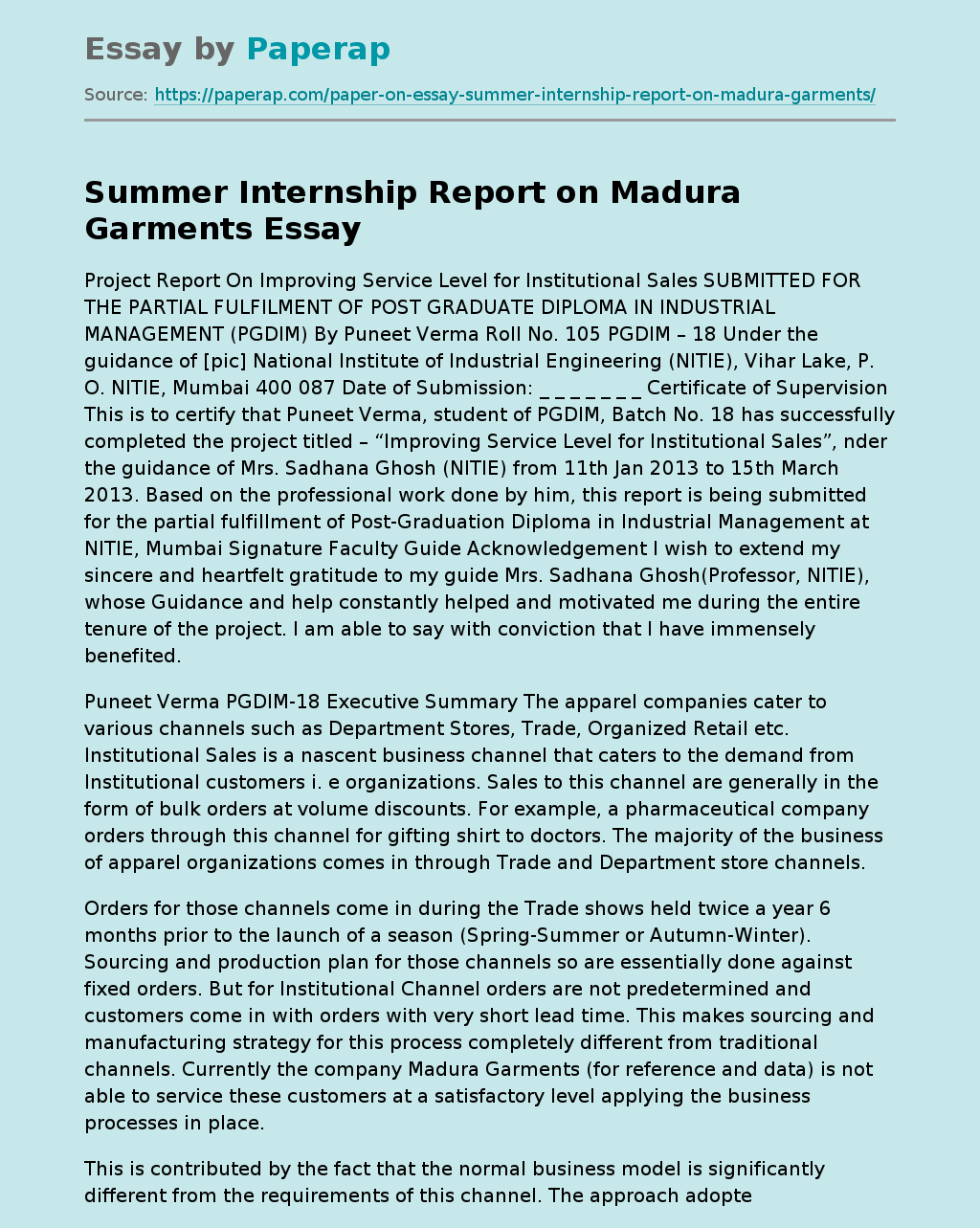 Summer Internship Report on Madura Garments
