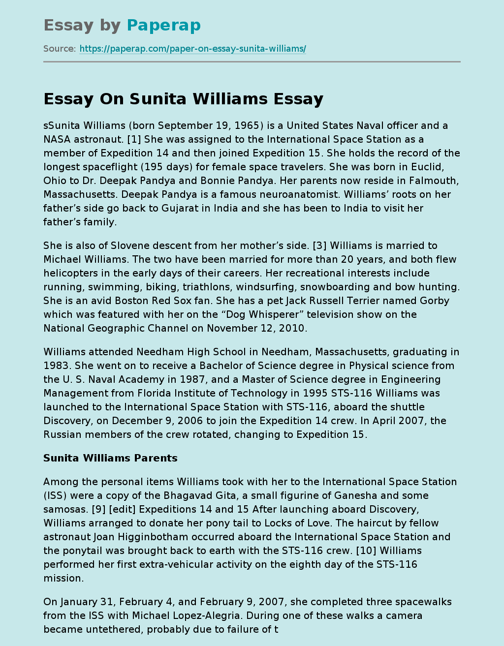 Essay On Sunita Williams