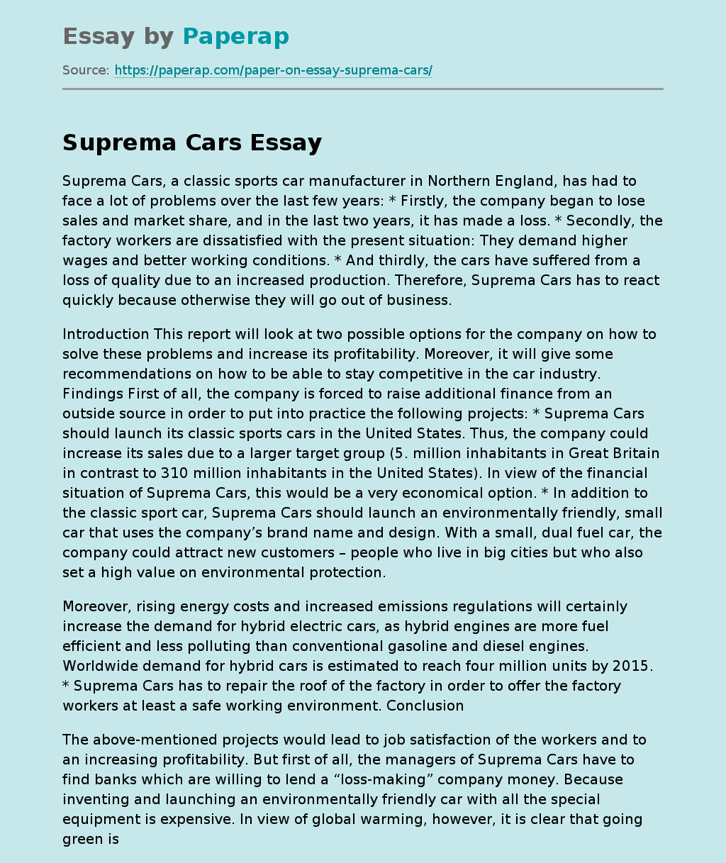 Suprema Cars: Facing Challenges in Northern England