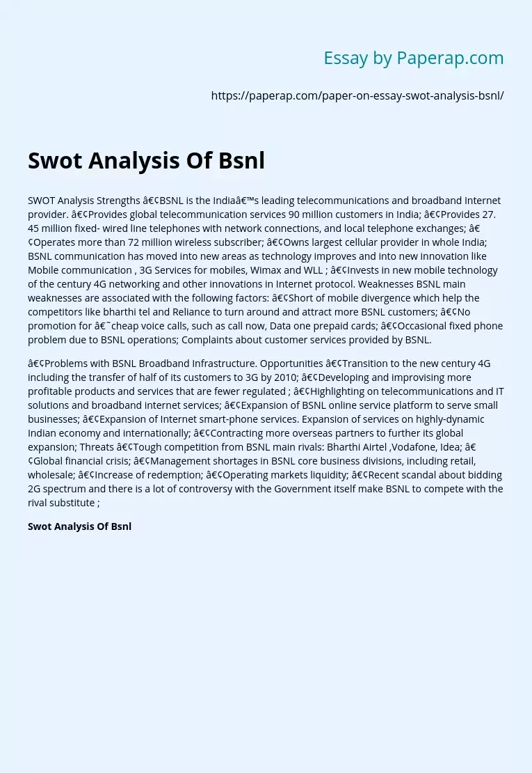 Swot Analysis Of Bsnl Internet Provider