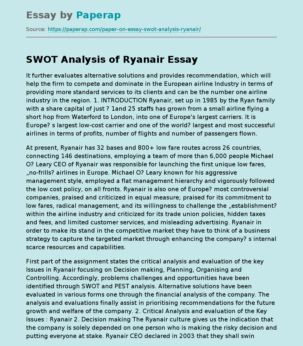 SWOT Analysis of Ryanair