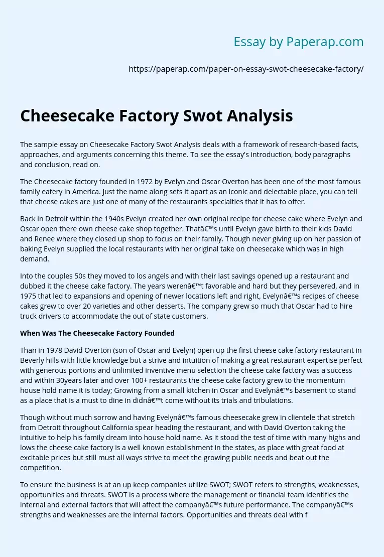 Cheesecake Factory Swot Analysis