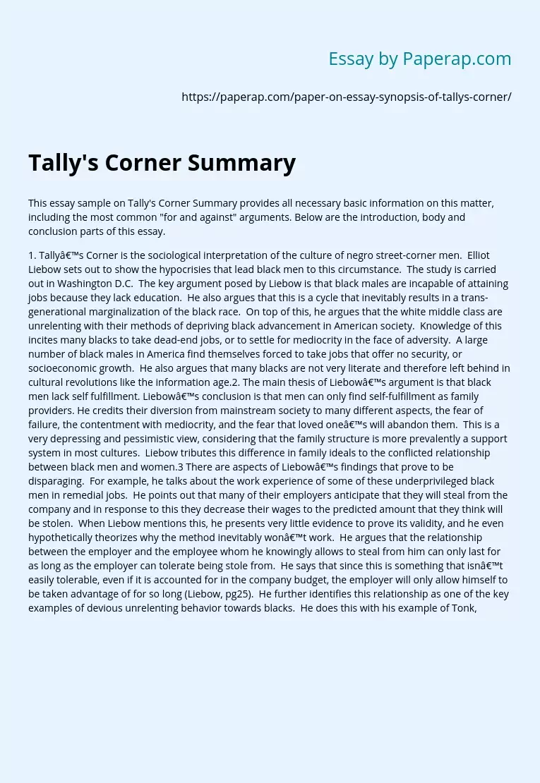 Tally's Corner Summary