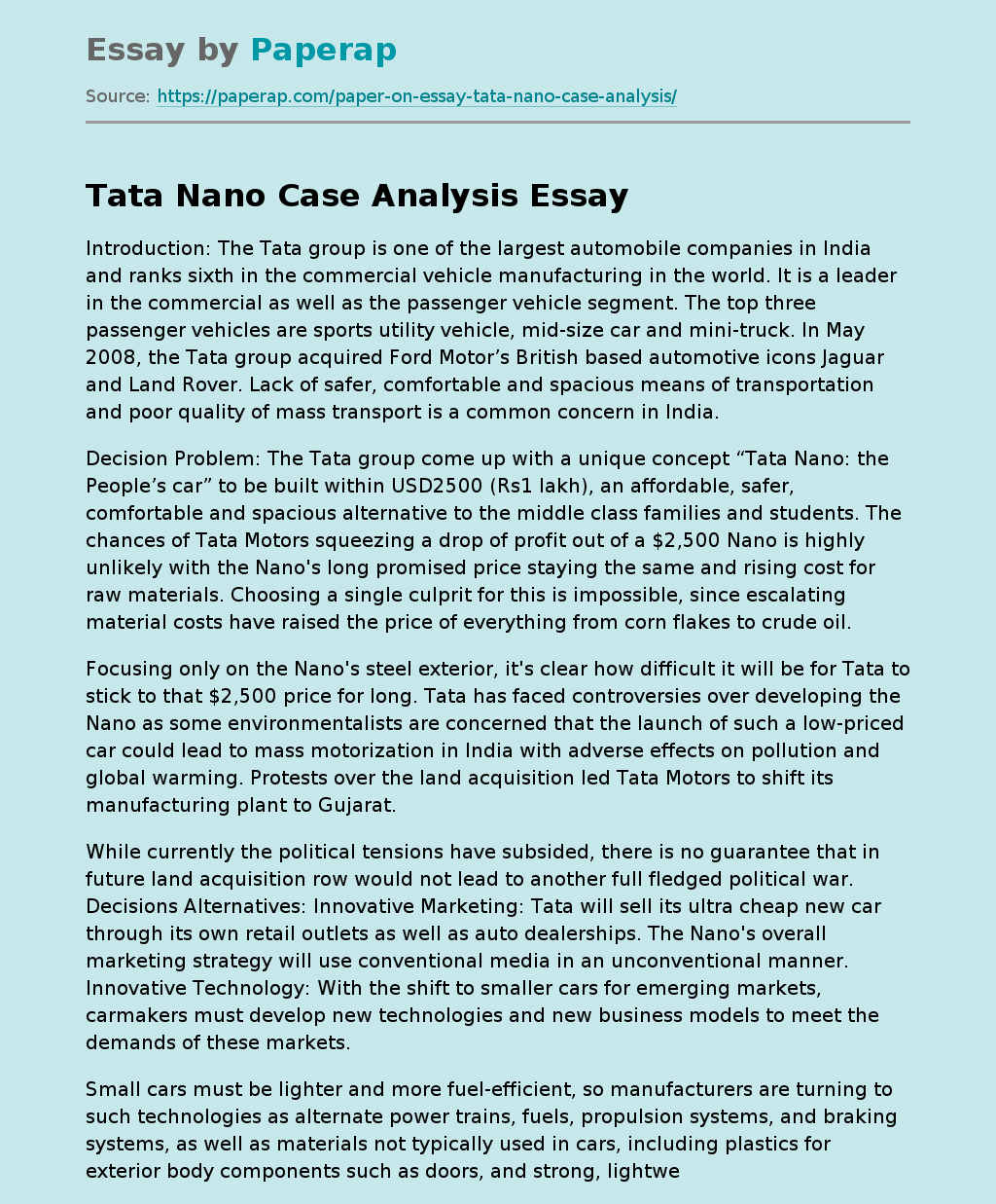 Tata Nano Case Analysis