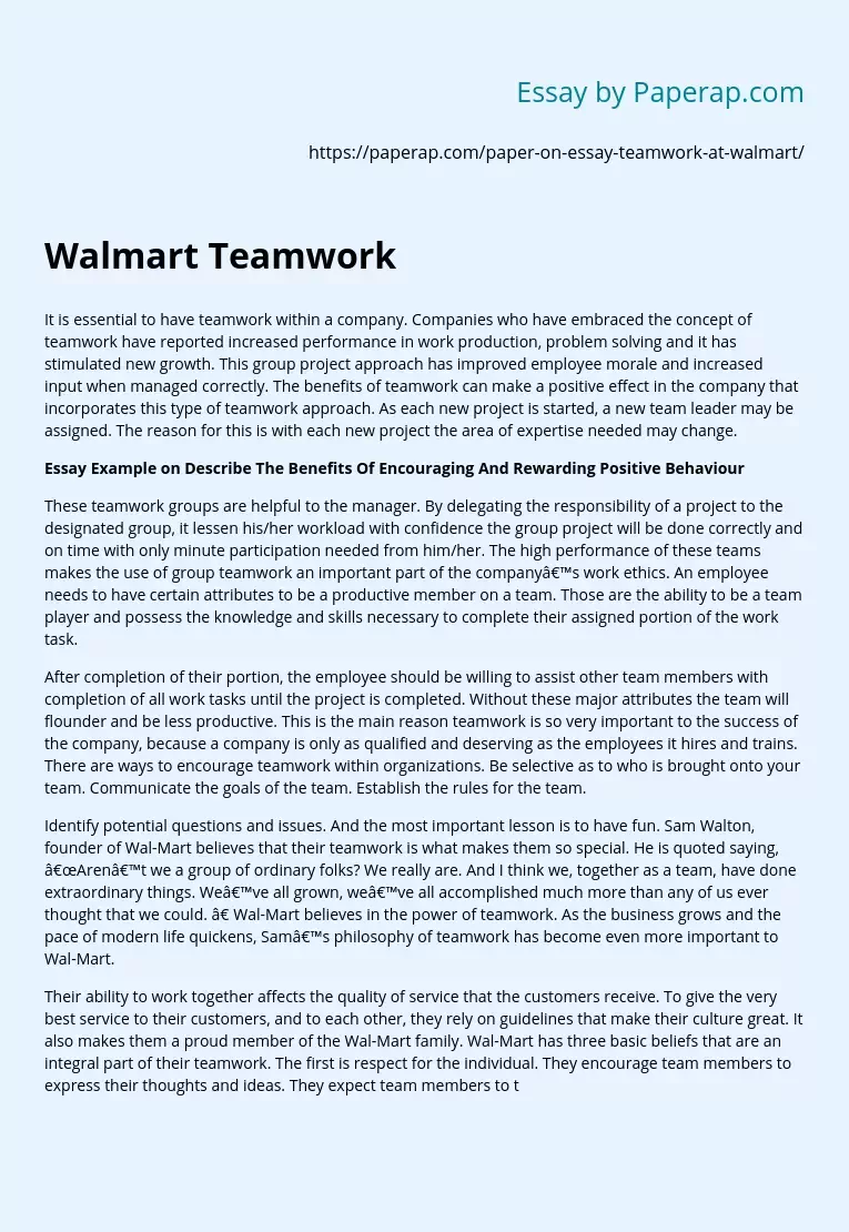 Walmart Teamwork Within the Company