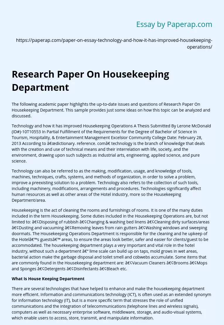 Research Paper On Housekeeping Department
