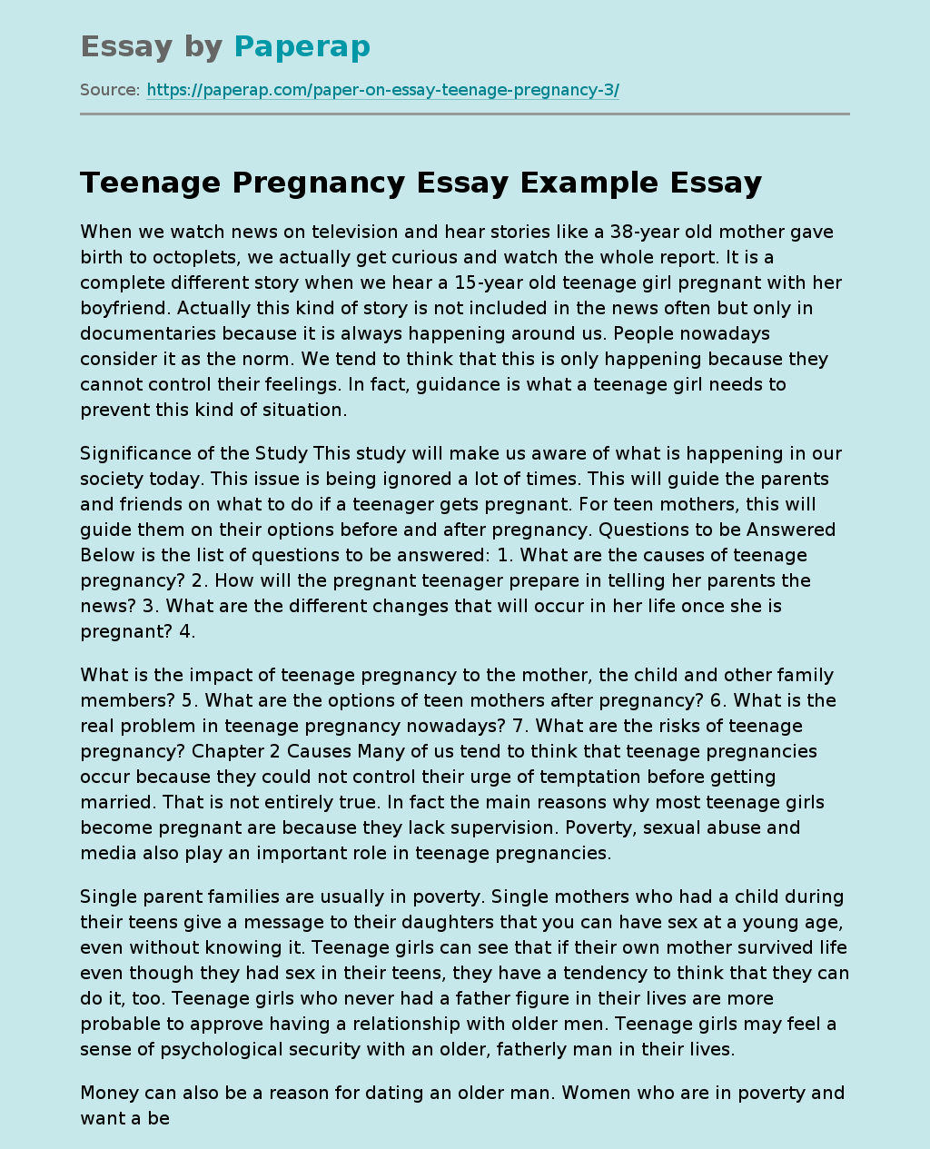 Teenage Pregnancy Essay Example