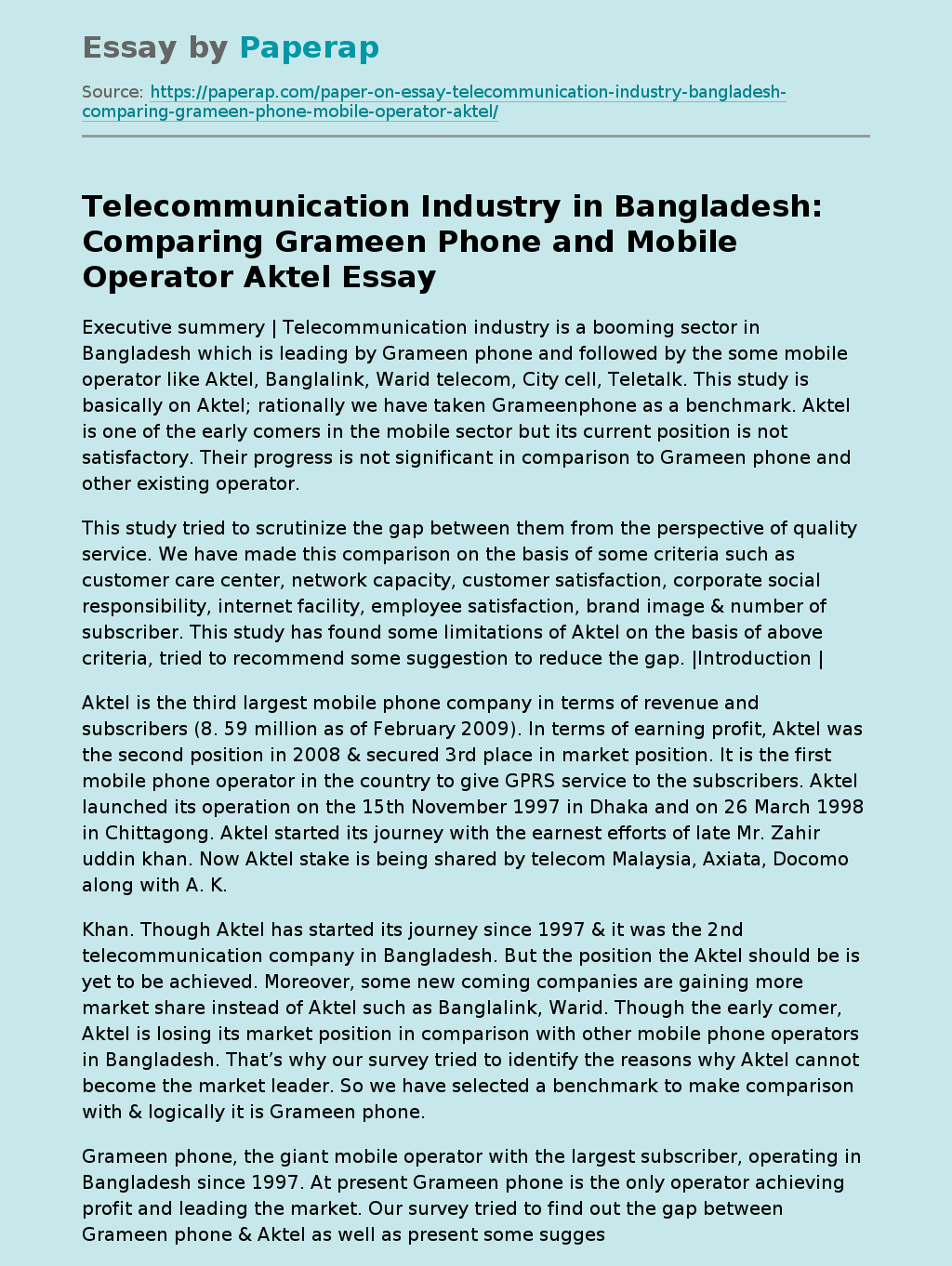 Telecommunication Industry in Bangladesh: Comparing Grameen Phone and Mobile Operator Aktel