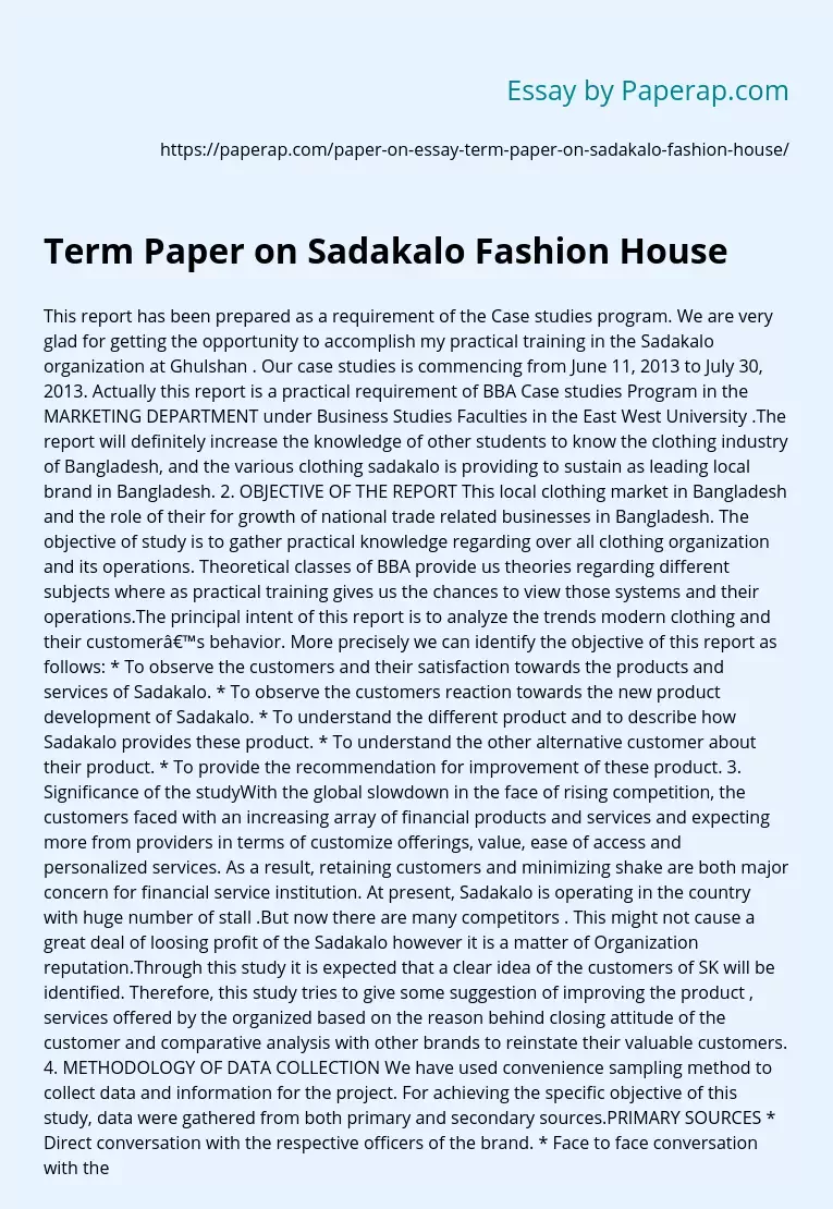 Term Paper on Sadakalo Fashion House