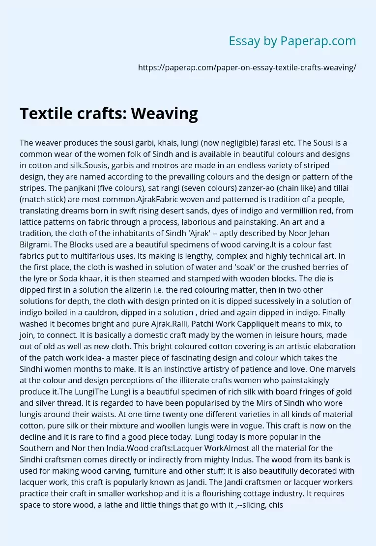 Textile crafts: Manufacture of Fabric on Looms