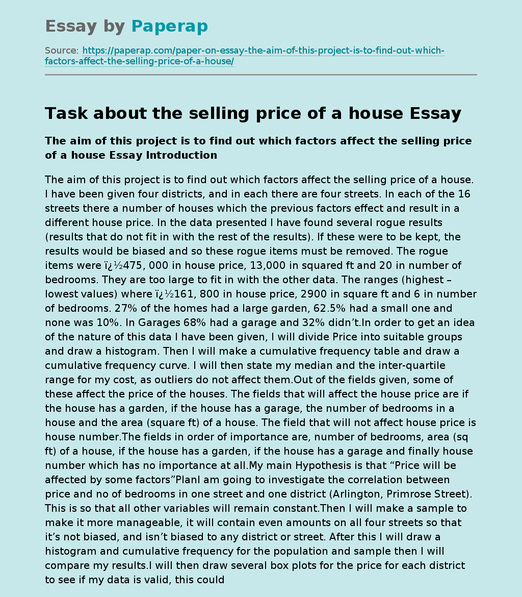 Task About The Selling Price Of A House