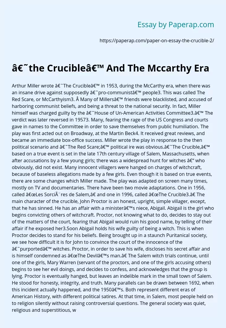 "The Crucible" by Arthur Miller And The Mccarthy Era