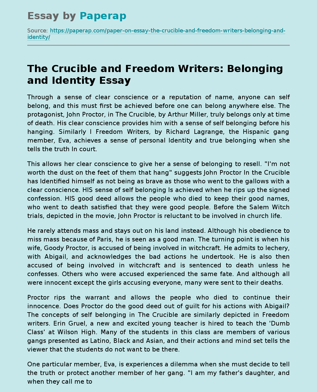 The Crucible and Freedom Writers: Belonging and Identity