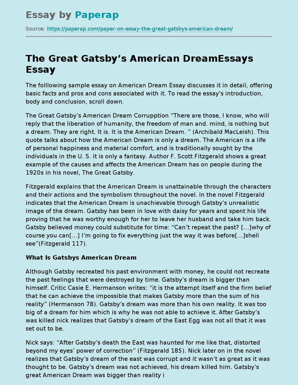 essay about the great gatsby american dream