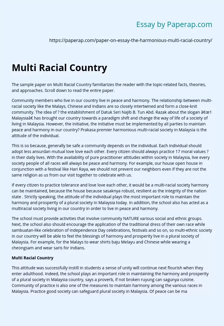 Maintaining Peace and Harmony Among the Various Races in the Country