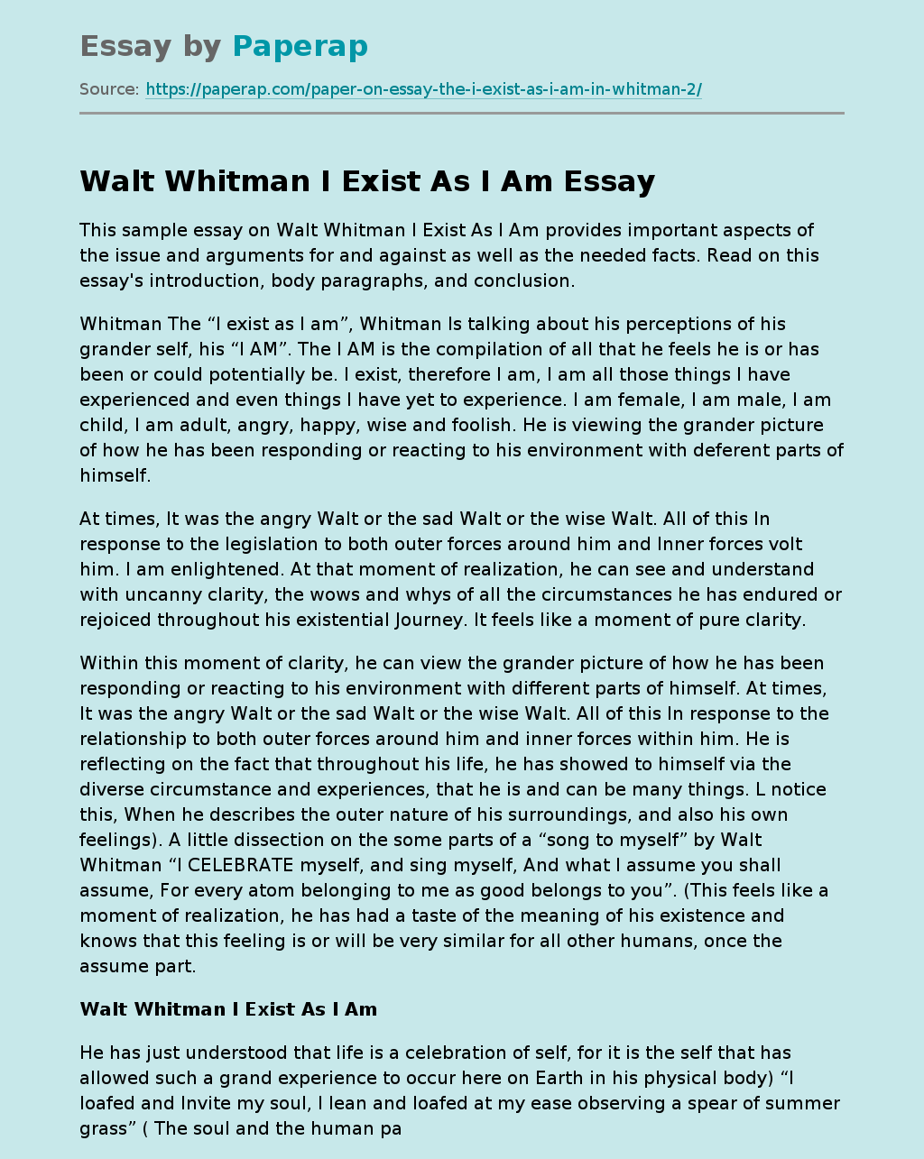Walt Whitman I Exist As I Am