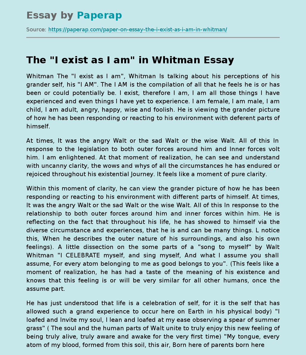 "The I Exist as I Am” by Whitman