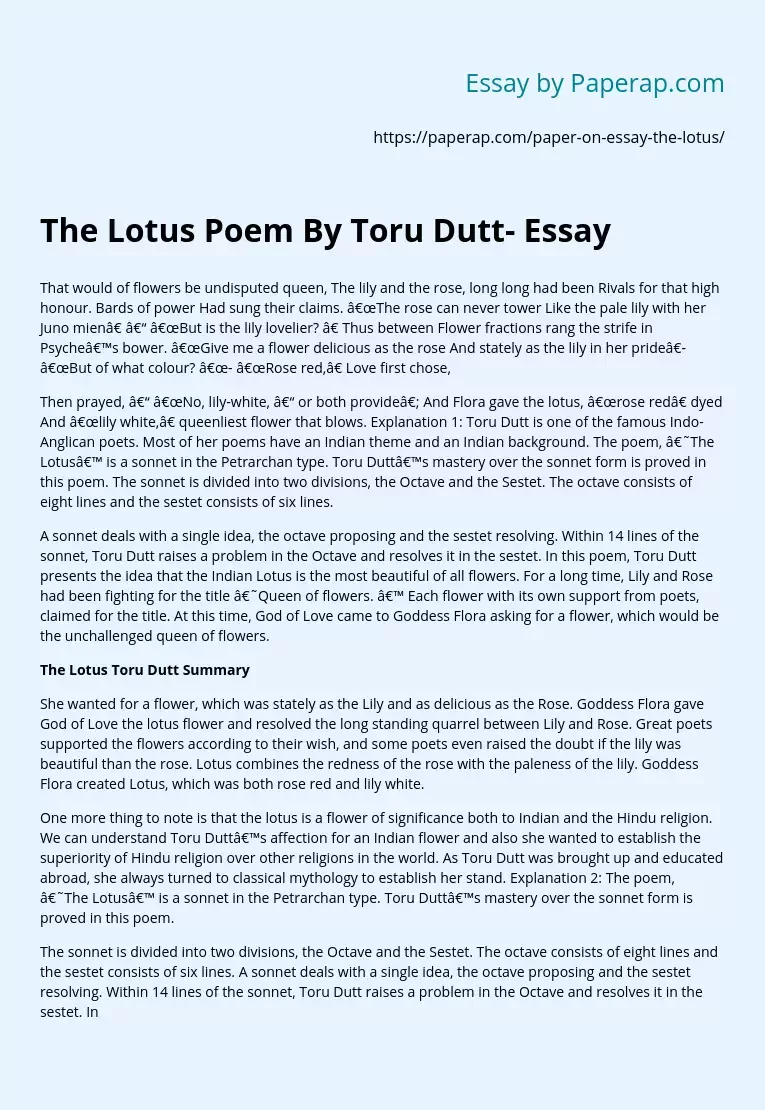 The Lotus Poem By Toru Dutt- Essay