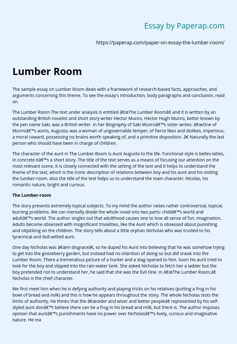 Lumber Room by Hector Hugh Munro Analysis