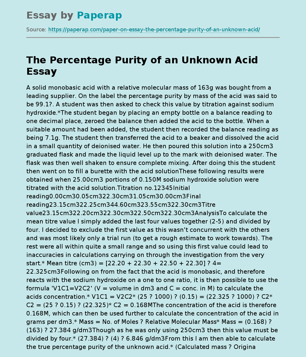 The Percentage Purity of an Unknown Acid