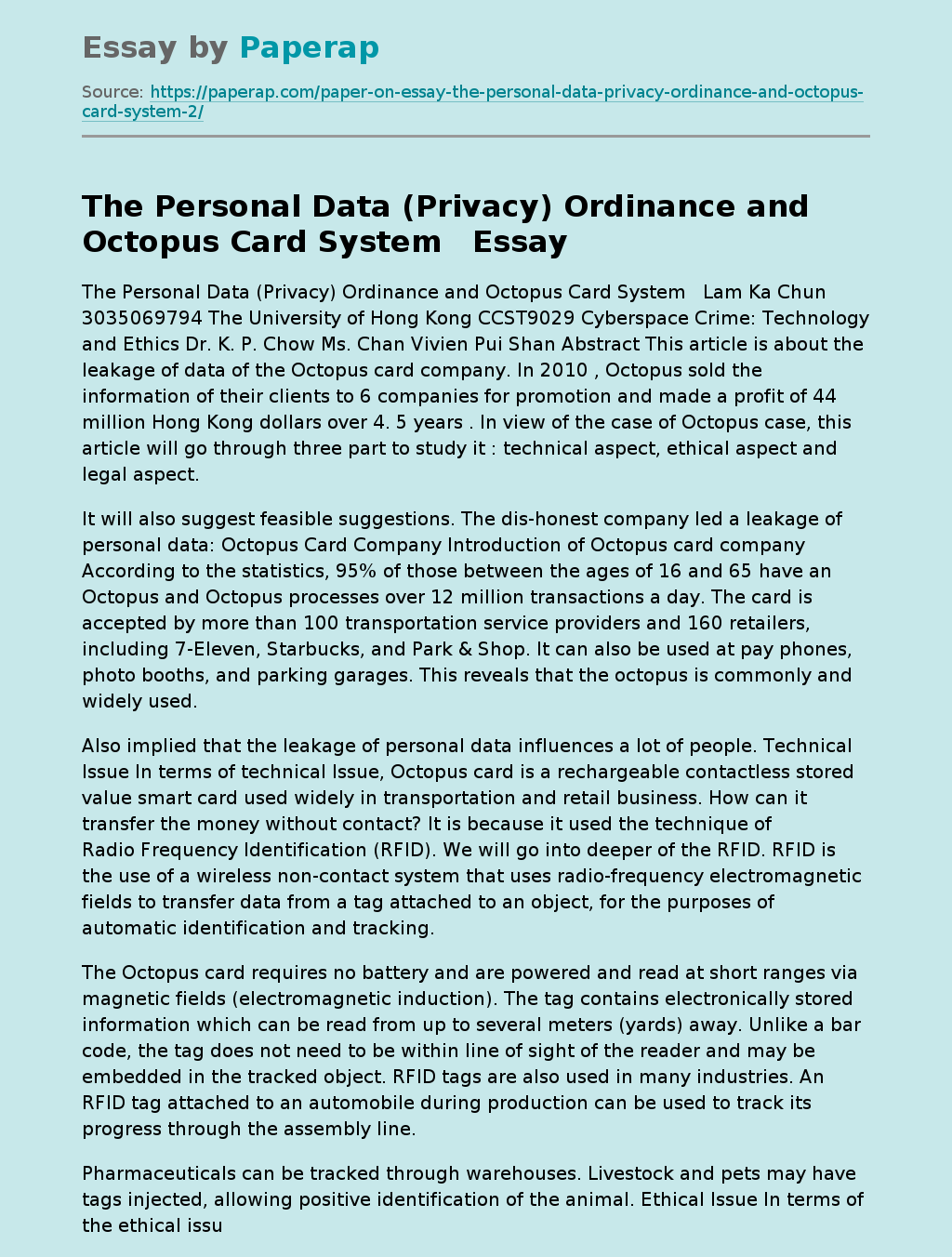 The Personal Data (Privacy) Ordinance and Octopus Card System  