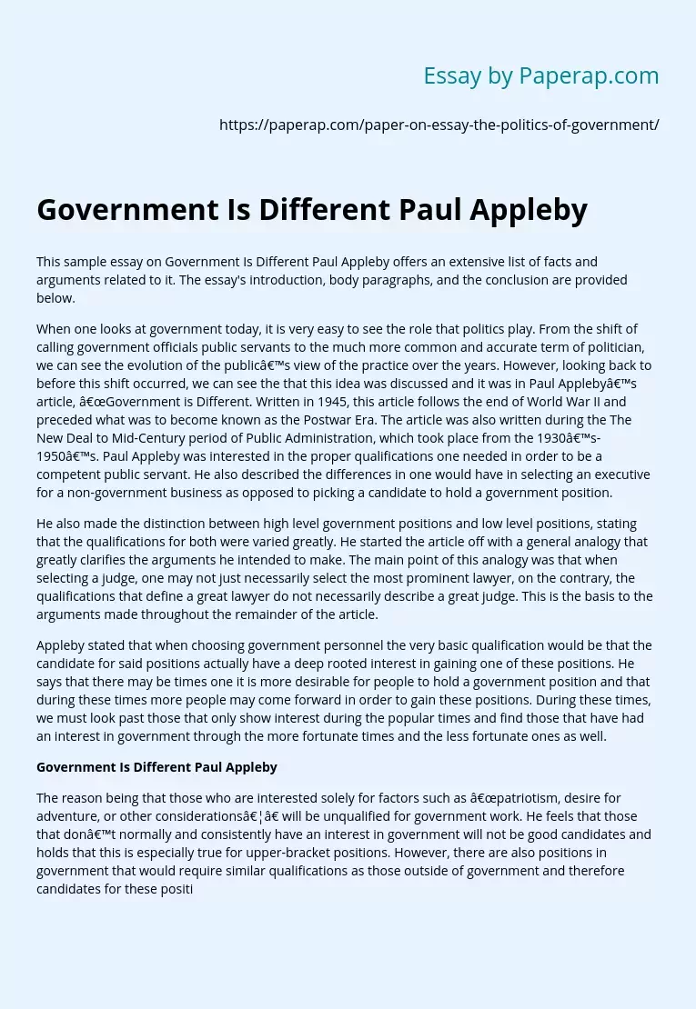 Government Is Different Paul Appleby