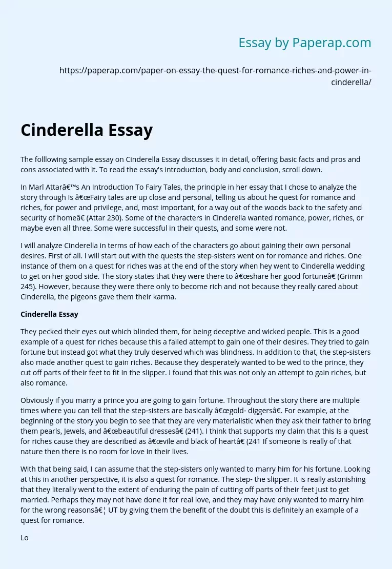 Quest for Riches and Powers in Cinderella Essay