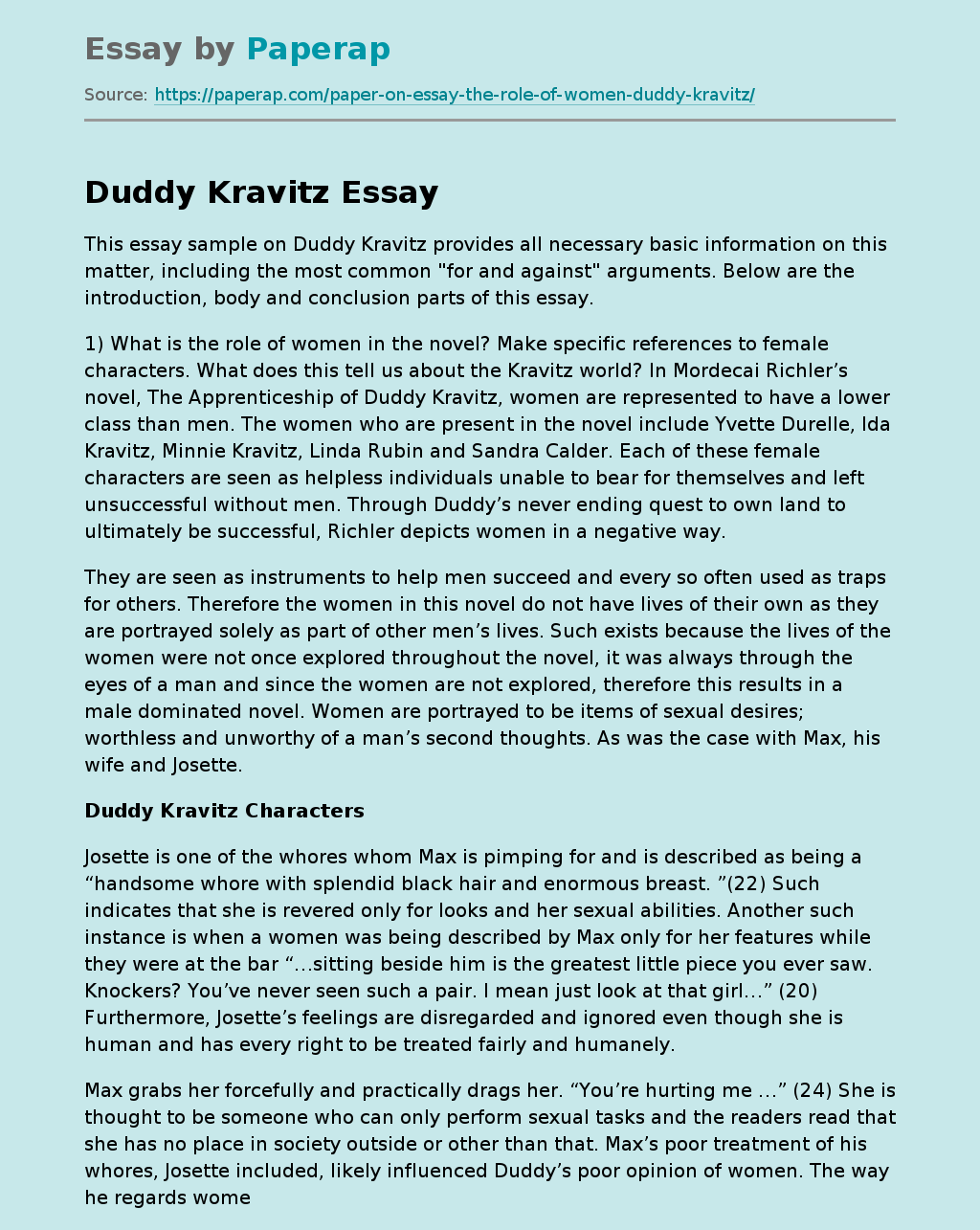 Duddy Kravitz: For and Against