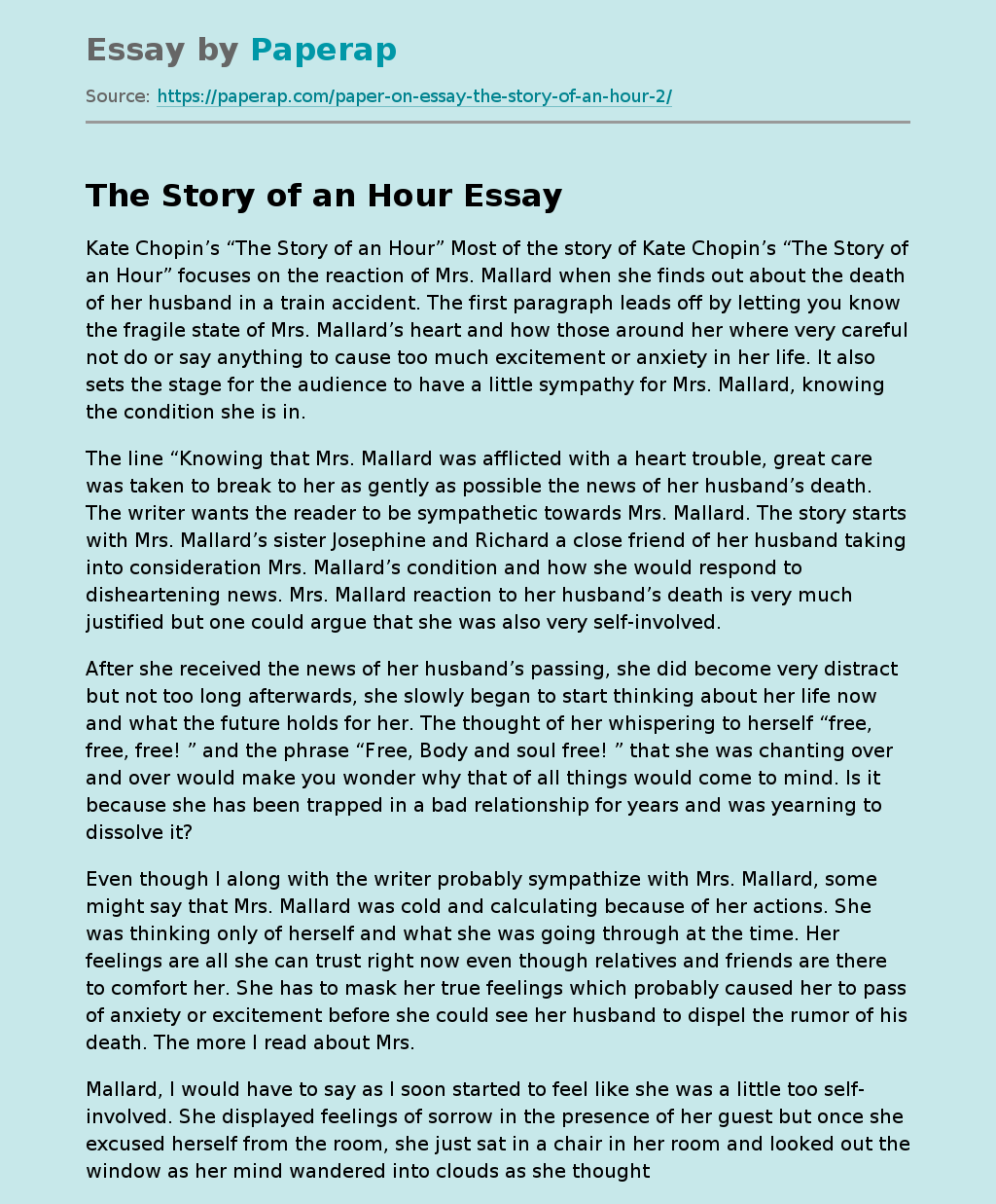 The Story Of An Hour Free Essay Example