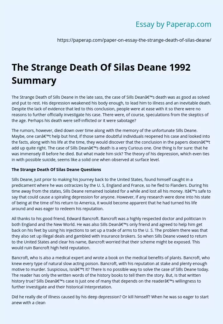 The Strange Death Of Silas Deane 1992 Summary